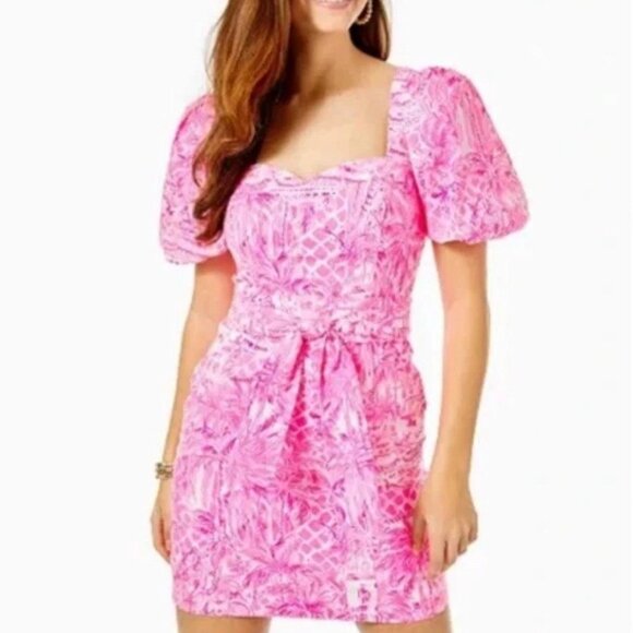 Lilly Pulitzer Dress Womens 0 Pink Merian Palm Leaf Summer Puff Sleeve - Picture 1 of 8